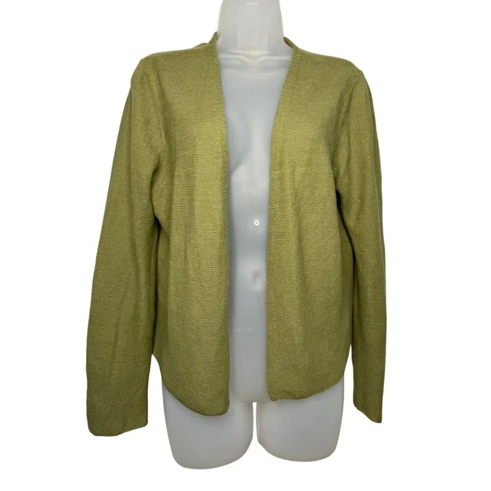J.Jill Linen Open Front Long Sleeve Cardigan Shrug Linen Cotton SZ M Olive Green